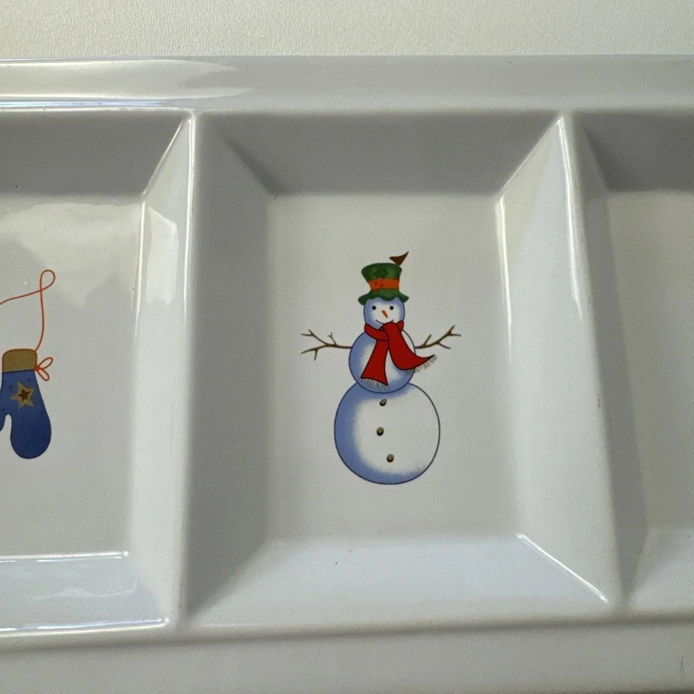 Holiday 3-Section Divided Serving Tray Platter‎ White Snowman Mittens Stocking